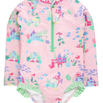 RuffleButts Girls UPF50+ Sun Protection Front Zipper Long Sleeve Rash Guard One Piece Swimsuit - Neon Pink Colorful Hearts, 2T