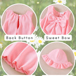 SODLON Baby Girl Dresses 6-12 Months Infant Clothes Summer Vintage Pink Bow Bubble Dress Sweet Linen 3-Piece Outfit with Sunhat & Bag Spring Sleeveless Sundress for Birthday Party Gifts
