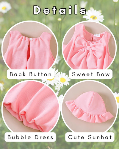 SODLON Baby Girl Dresses 6-12 Months Infant Clothes Summer Vintage Pink Bow Bubble Dress Sweet Linen 3-Piece Outfit with Sunhat & Bag Spring Sleeveless Sundress for Birthday Party Gifts
