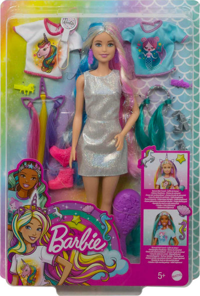 Barbie Fantasy Hair Doll & Accessories, Long Colorful Blonde Hair with Mermaid & Unicorn-Inspired Clothes