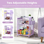 ECOLOVI Kids Nightstand 19in High for Floor Beds, 3-Tier Metal Small Bedside Table with Adjustable Storage Shelf, Basket & 3 S-Hooks, Low Nightstand for Nursery, Toddler Bedroom (Purple)