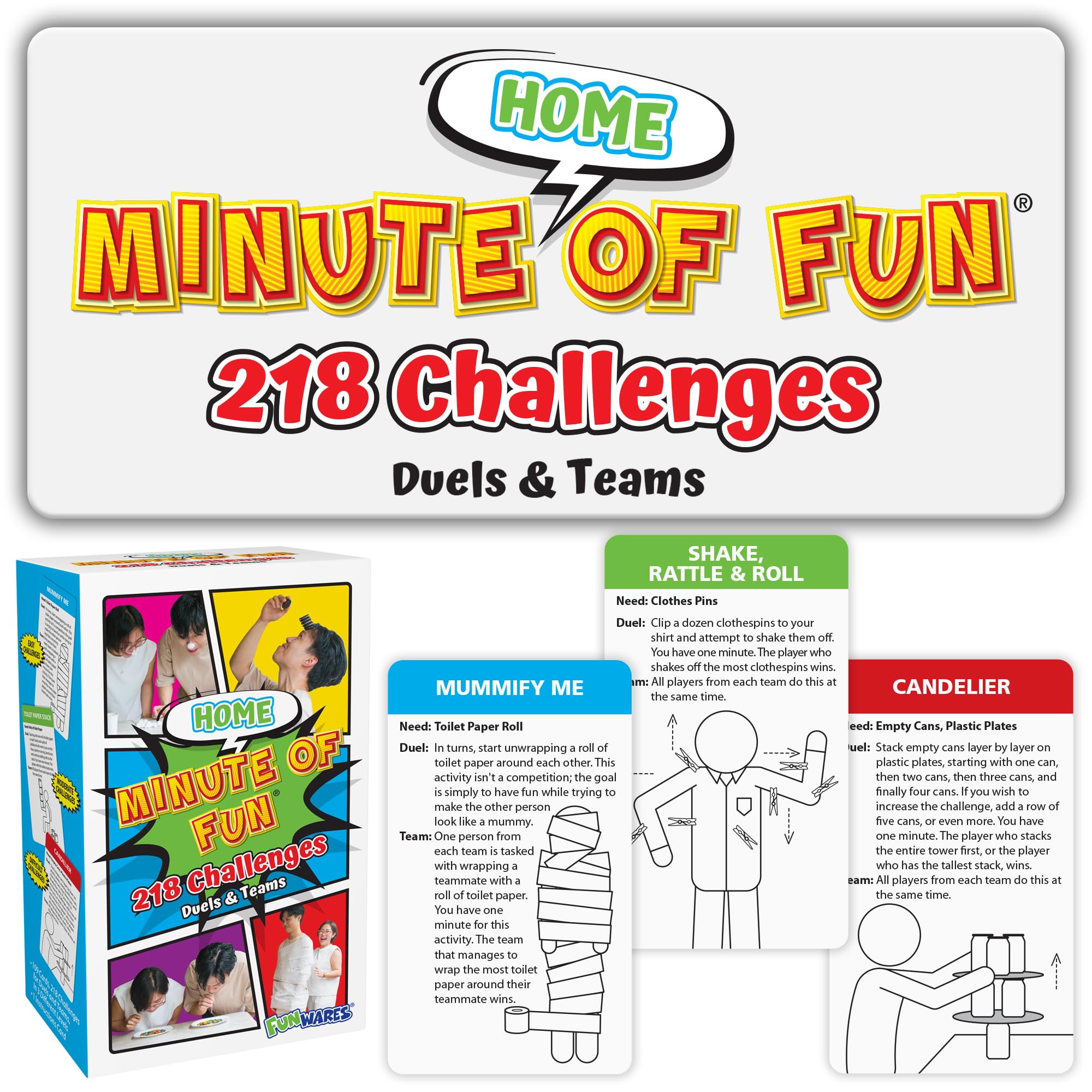 Funwares Minute of Fun Game - Minute to Win It Games for Kids, Adults, Teens, Families, Game Night, Gift for Home, Birthdays, or Travel. 2-12 Players! Outdoor - 272 Challenges