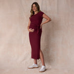 Motherhood Maternity Women's Short Sleeve Crew Neck Side Tie Detail Midi Casual Pregnancy Dress, Tawny Port, Medium