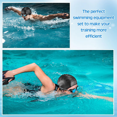 Foilswirl 8 Pcs Swimming Equipment Kit Anti Fog Swim Goggles Paddle Hand Cap Nose Cover Training Hand Paddles with Adjustable Straps for Lap Men Women(Black)