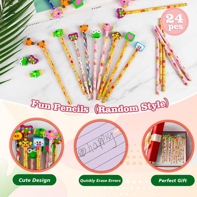 LOKIPA 24PCS Fun Cute Pencils, Assorted Colorful Cartoon Animal Pencil with Erasers Toppers Bulk Pencils for Kids School Supplies and Children Prize Gifts（Random Style