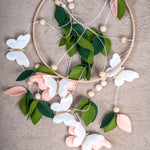 Butterfly Mobile for Crib - A Beautiful Butterfly Handmade Crib Mobile with Green Leaves, Pink, White and Gold Detail for a Nature or Wildflower Theme Nursery