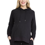 Motherhood Maternity Women's Long Sleeve Fleece Tunic Pullover Pregnancy Hoodie with Side Slits and Kangaroo Pocket, Black, Small