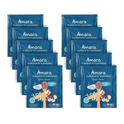 Multiple packages of Amara superfood for babies on a white background