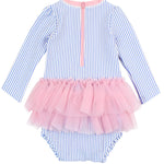 RuffleButts Baby Girls UPF 50+ Sun Protection Tulle Skirted Long Sleeve One Piece Rash Guard Swimsuit - Periwinkle Blue Seersucker, 12-18m