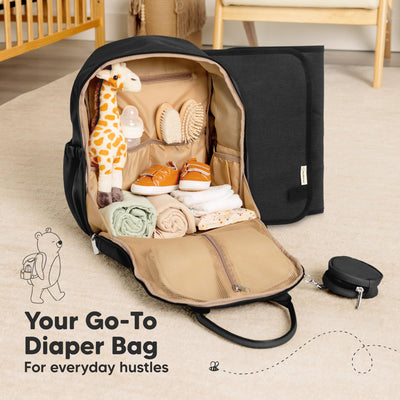 KeaBabies Diaper Bag Backpack - Multifunctional Travel Diaper Back Packs, Maternity Baby Changing Bags, Compact 18L Capacity, PU Leather, Waterproof, Unisex, Nappy Changing Pad (Trendy Black)