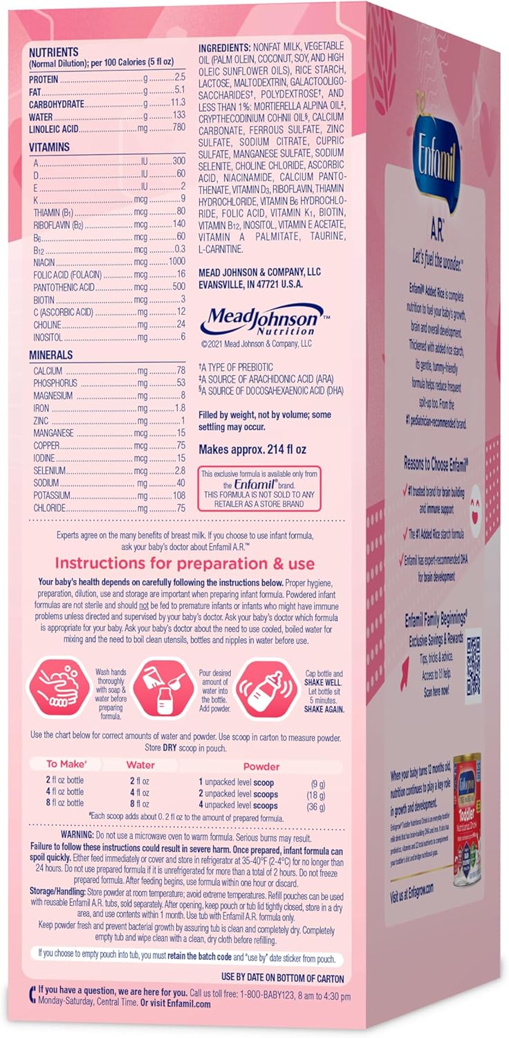 Enfamil A.R. Baby Formula, Added Rice Starch Formula to Reduce Reflux & Spit-Up, DHA for Brain Development, Probiotics to Support Digestive & Immune Health, Baby Milk, 30.4 Oz Box, 4 Count