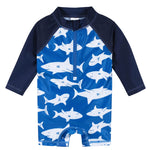 Gerber Baby Boys Toddler Long Sleeve One Piece Sun Protection Rashguard Swimsuit, Blue and White Sharks, 2T