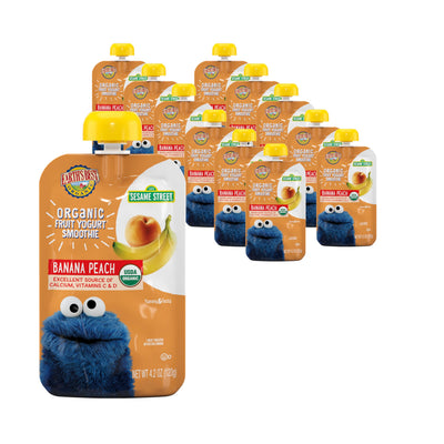Organic fruit yogurt pouches with Cookie Monster design on a white background