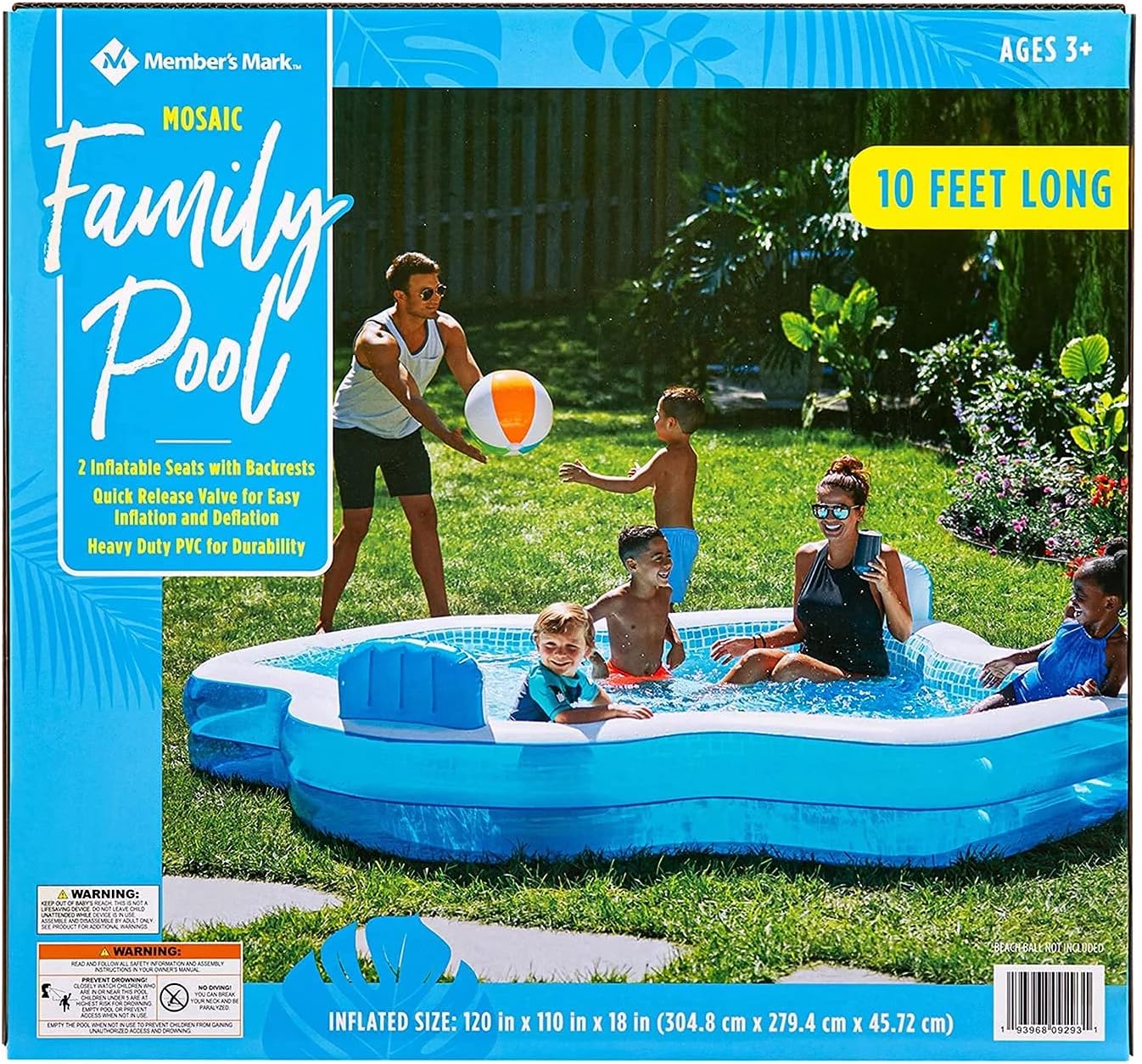 Members Mark Elegant Family Pool 10 Feet Long 2 Inflatable Seats with Backrests. New Version