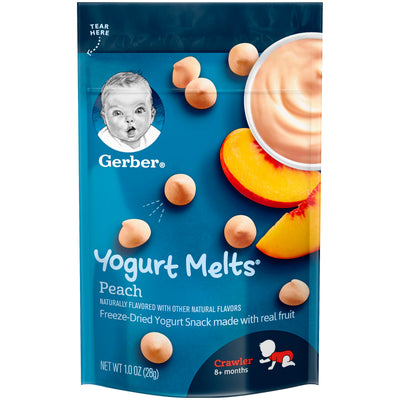 Gerber Yogurt Melts Peach snack package with blue background