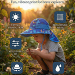 icolor Kids Sun Hat UPF50+ Sun Protection Bucket Hat Toddler UV Protection Summer Travel Beach Play Hats with Neck Flap for Girl Boy Ages 3~10 (Littledinosaur)