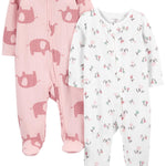 Simple Joys by Carter's Baby Girls' 2-Way Zip Thermal Footed Sleep and Play, Pack of 2, Pink Elephant/White Floral, Newborn