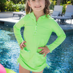 RuffleButts Girls UPF50+ Sun Protective Ruched Quarter-Zip Cover-Up - Neon Honeydew, 3-6m