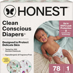The Honest Company Clean Conscious Diapers for Delicate Skin | Up to 100% Leakproof | Hypoallergenic, Fragrance Free | Winter '25 Limited Edition Prints | Club Box, Size 1 (8-14 lbs), 78 Count