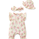 Renotemy Baby Girl Newborn Clothes Infant Summer Outfits Bubble Romper Cotton Linen Strawberry Sleeveless Bodysuit Jumpsuit with Hat&Headband Baby Shower Gifts Coming Home Outfit for 3-6 Months Girls