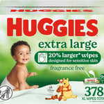 Huggies extra large wipes packaging with a child and Winnie the Pooh on a green background