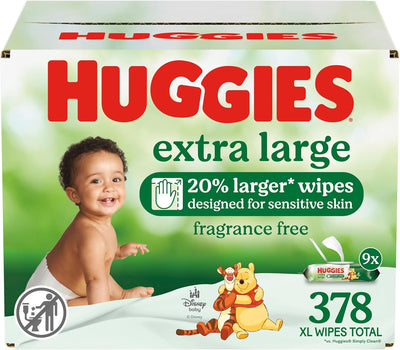 Huggies extra large wipes packaging with a child and Winnie the Pooh on a green background