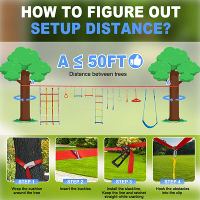 50ft Ninja Warrior Obstacle Course for Kids with Swing, Ninja Course for Kids Outside with 11 Accessories--Trapeze Swing, Climbing Net, Rope Ladder, Outdoor Playset with Monkey Bars