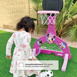 Delta Children Disney Minnie Mouse 4-in-1 Sports Center – Adjustable Easy Score Basketball Hoop, Soccer/Hockey Net and Golf Game, 4 Golf/Hockey Balls, Pink