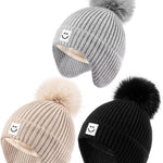 3 Pack Baby Winter Hats with Earflaps, 2 Size Kids Pom Pom Beanie for Infant Toddler Children, Smiley Face Hat for Girls Boys