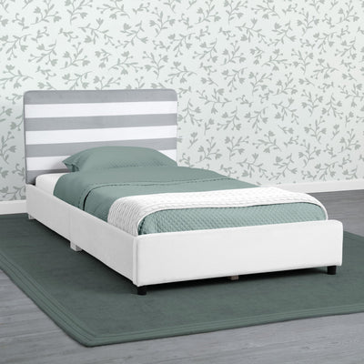 Delta Children Upholstered Twin Size Bed with Headboard, Premium Wood Slat Support, No Box Spring Needed, Easy Assembly, Grey/White Stripe