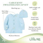 Little Me Clothes for Baby Boys’ and Girls’ Sweater and Cap Set, Soft Cable Knit Cotton Outfit with Pearlized Buttons, Baby Essentials, Light Blue, 9 Months