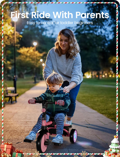 besrey Kids Tricycle with Flash Wheels for Ages 18 Months to 5 Years, Toddler Tricycle with Bell, Kids Tricycle, Gift for 2-5 Year Olds, Gift and Toy for Boys and Girls, Tricycle for Toddlers, Pink