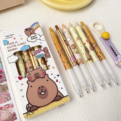 6 Pcs Capybala Retractable Cute Cartoon Capybara Pens 0.5mm Black Ink Soft Grip Gel Ink Aesthetic Office School Supplies for Girls Boys Women Men