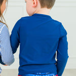 RuffleButts UPF50+ Sun Protective Unisex Long Sleeve Full Zip Rash Guard - Navy, 12-18m