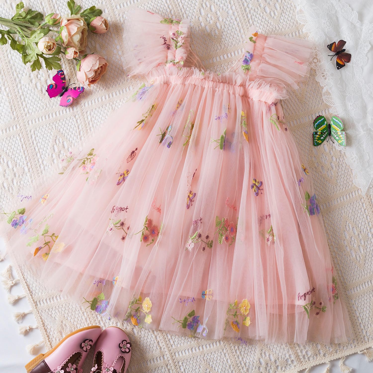 NNJXD Baby Girl Tulle Dress Casual Flower Embroidery Toddler Dresses