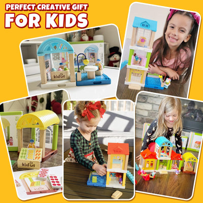 34-Piece Small Wooden Dollhouse for Toddlers, 2-Room Toy House with Seesaw, Merry-Go-Round, Furniture Accessories with 3 Dolls, Birthday Toys for Kids Ages 3-8 (4.09" x 4.09" x 9.45")