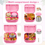 Pawtong Bento Lunch Box with Thermo, 4-Compartment Bento Box with Adjustable Dividers, Leakproof Dinosaur Lunch Box with 14.2OZ Insulated Food Jar & Sauce Jar, for School Office Travel(Pink)