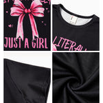 PATPAT Girls T Shirts Size 5-6 Years, Black Bow Print Graphic Tees, Crew Neck Short Sleeve Shirts Kawaii Clothes Cute Outfits Cute Tops