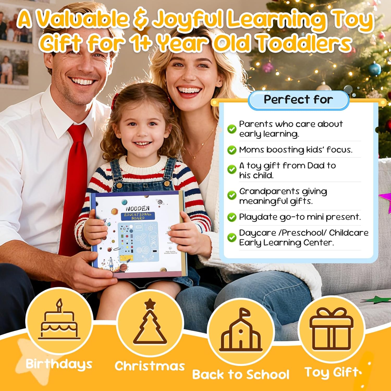 Wooden Busy Board with LED Light–Montessori Baby Learning Toys for Toddlers 1-4, Sensory Activity Board, Travel Toys & Educational Birthday / Christmas Music Gifts for 1+ Year Old Boy (Silver Handle)