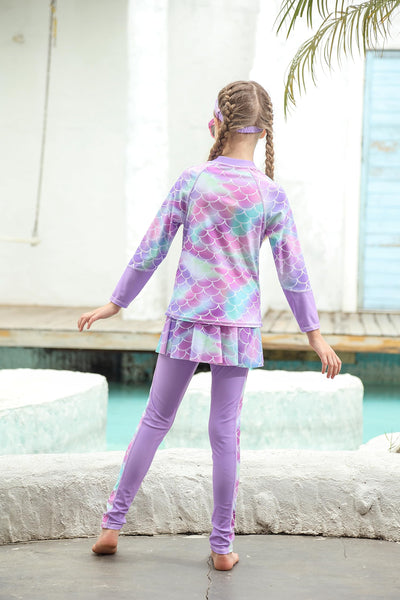 Girls Rash Guard Swimsuits Bathing Suit Long Sleeve Swimsuit Swimming Pants with Skirt Purple Mermaid 9-10 Years