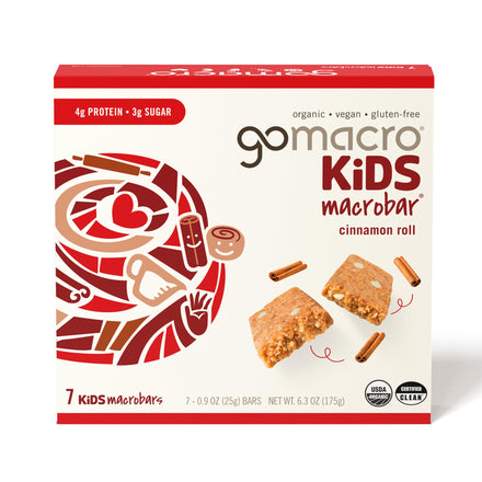 Box of goMacro Kids Macrobar Cinnamon Roll flavor on a white background