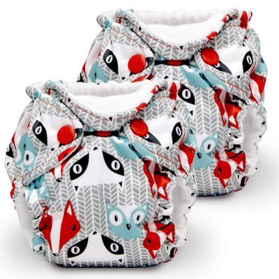 Two cloth diapers with fox pattern on a white background