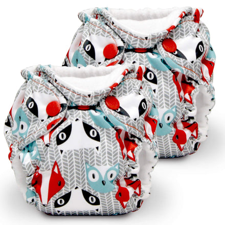 Two cloth diapers with fox pattern on a white background