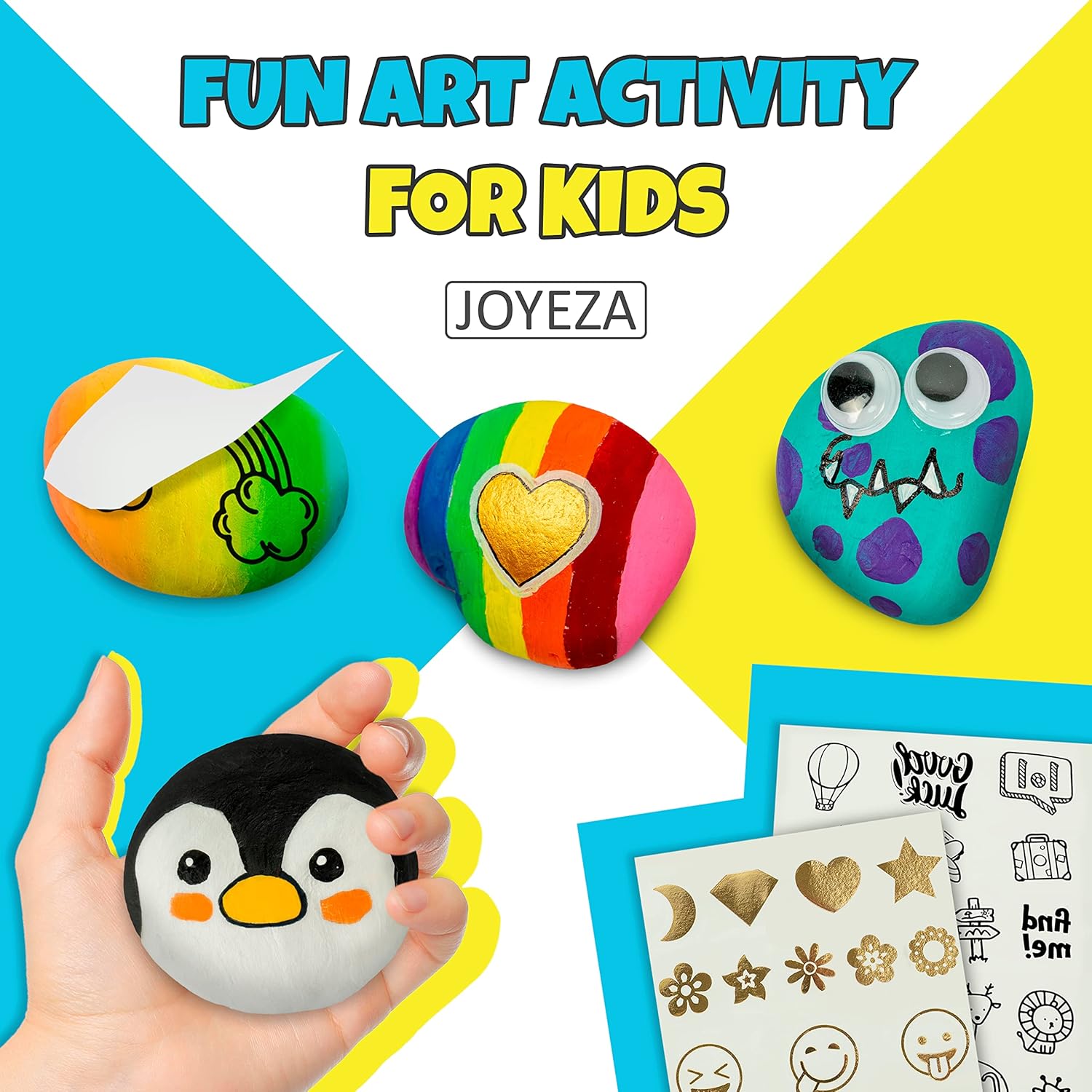 JOYEZA Rock Painting Kit Deluxe, Arts and Crafts for Girls Boys Age 6+, 12 Rocks Tween Gift Art Set, Waterproof Paints, Craft Kits Art Supplies, Kids Crafts Ages 6-8, Kids Activities 6 7 8 9 10