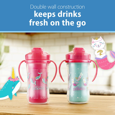 Dr. Brown's Milestones Insulated Sippy Cup with Straw and Handles, Spill-Proof Tumbler with Lid, 2-Pack, Pink, 10 oz/300 mL, BPA Free, 12m+