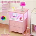 Fixwal Night Stand with Charging Station, LED Nightstand with U-S-B Ports and Outlets, 2 Fabric Storage Drawers with PU Finish, Small Bedside Table, Pink
