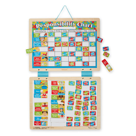 Colorful responsibility chart with magnetic tiles on a white background