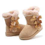 Femizee Girls Winter Boots Faux Fur Lined Bow Pull-On Mid-Calf Boot Brown 4