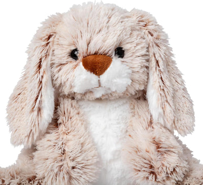 Plush toy dog with a white chest and brown ears and nose on a white background