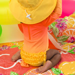 RuffleButts Baby Girls UPF 50+ Sun Protection Novelty Print Long Sleeve One Piece Rash Guard Swimsuit with Zipper - Neon Citrus Sunrise, 2T